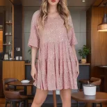 Fashionable Short Sleeve A Line Dress Round Neck Loose Fit Sequin Detail Evening Party Wear Whol