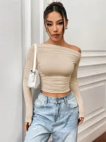 Slim Fit Asymmetrical Long Sleeve Womens T Shirt Versatile Design Pleated Detail Spring Summer S