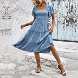 Summer Casual Midi Dress Off Shoulder Ruffle Sleeves Solid Color Vacation Wear Wholesale Availab