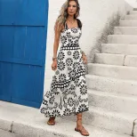 Bohemian Floral Print Backless Maxi Dress Adjustable Tie Straps Vintage Style Perfect for Summer