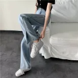 网红裤子宽松直筒裤新款2022年春夏高腰显瘦拖地牛仔裤开叉阔腿裤