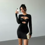 Y2K Party Dress Sexy Hollow Out Long Sleeve Bodycon Fit Solid Color Spring Summer Collection Rea