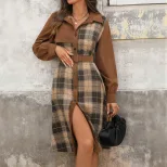 Vintage Plaid Patchwork Dress Autumn Winter Collection Professional Style for Office Wear Wholes