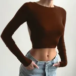 Womens Long Sleeve Crop Top Sexy Backless Design Solid Color Slim Fit Stylish Winter Fashion Who