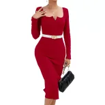Elegant Long Sleeve Bodycon Dress Square Neck Side Slit Figure Flattering Perfect for Parties an
