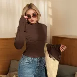 Slim Fit Long Sleeve Top High Neck Ruffle Trim Bell Sleeves Sexy Style for Parties or Casual Wea