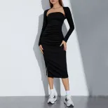 Two Piece Dress Set Sexy Strapless Long Sleeve Mid Length Side Slit Autumn Winter Fashion for Wo