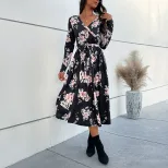 Floral Print Long Sleeve Dress V Neck Autumn Style Elegant Design Wholesale Womens Apparel low M