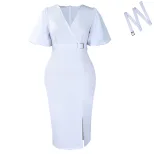 Fashionable V Neck Puff Sleeve Bodycon Dress Solid Color Waist Defined Side Slit Perfect for Par