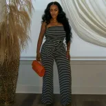 Summer Womens Fashion Vintage Striped Strapless Top and Casual Comfortable Long Pants Set Trendy Style for Every