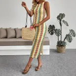 Sleeveless Striped Color Block Bodycon Dress Round Neck Ethnic Style Vacation Wear Wholesale Ava