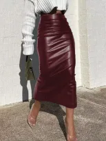 PU Bodycon Skirt High Slit Ruched Design Elegant Style Perfect for Parties and Night Out Ready t