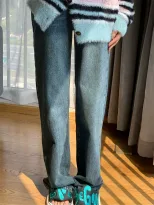 港风复古撞色直筒牛仔裤女2023春秋新款宽松设计感百搭显瘦拖地裤