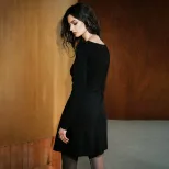 Black Lace Trim Long Sleeve Dress Slim Fit Waist Defining French Style Elegant Evening Wear Whol