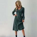 Fashionable Womens Long Sleeve Dress V Neck Single Breasted Elegant Design Autumn Wear Wholesale