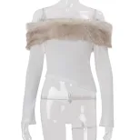 Womens Winter Top Sexy Off Shoulder Design Irregular Long Sleeve with Fur Collar Slim Fit Perfec