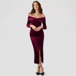 Velvet Bodycon Midi Dress for Women Cross V Neck Off Shoulder Side Slit Elegant Evening Wear Who