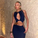Sleeveless Hollow Out Dress Metallic Accents Solid Color Sexy Split Design Nightclub Wear for Wo