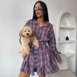 Plaid Two Piece Set Loose Fit Shirt with Lapel Waist Tie Flared Skirt Casual Fashion for Women W