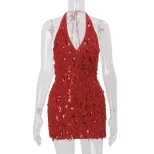 Elegant Sequin Bodycon Dress Sexy V Neck Backless Halter Style Spring Summer Cocktail or Party W