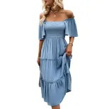 Summer Casual Midi Dress Off Shoulder Ruffle Sleeves Solid Color Vacation Wear Wholesale Availab