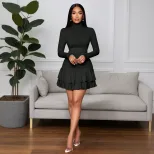 High Neck Bodycon Knit Dress Black Ruffled Hem Layered Design Short Length Perfect for Parties o