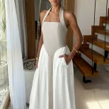 Color Block Halter Backless Maxi Dress Casual Vacation Style Comfortable Fit Available for Whole