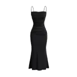 High Waist Bodycon Maxi Dress Adjustable Spaghetti Straps Tie Detail Mermaid Hem Spring Fashion