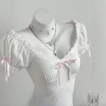Summer Womens Short Sleeve T Shirt Bow Tie Detail Bubble Sleeve Soft Fabric Casual Wear Ready to