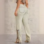 Loose Fit Wide Leg Denim Trousers Tie Decoration Straight Cut Casual Style Wholesale Available