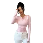 Womens Slim Fit Long Sleeve T Shirt Stylish Solid Color Ruffled Neckline Versatile for Spring an