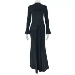 Elegant Long Sleeve Bodycon Dress Solid Color Flared Sleeves Tie Detail High Neck Perfect for Pa