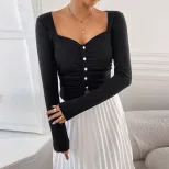 French Style Square Neck T Shirt Elegant Slim Fit Spring Summer Womens Fashion Top Wholesale Ava