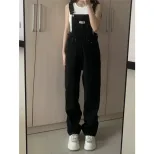 复古黑色牛仔背带裤女2023春秋新款学生高腰百搭宽松直筒拖地长裤