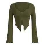 Asymmetrical Hem Long Sleeve T Shirt Slim Fit V Neck Flare Sleeves Spring Summer Womens Fashion