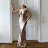 Elegant Womens Long Dress Fashionable Slim Fit Halter Neck Waist Cinching Bodycon Style Perfect