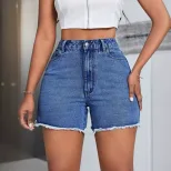 High Waisted Loose Fit Denim Shorts Frayed Hem Fashionable Style Casual Wear Ready to Ship Whole