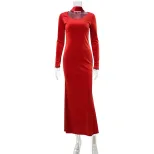 Red Long Sleeve Dress with Neck Scarf Elegant Fit Hepburn Style Perfect for Autumn and Winter Ev