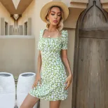 Floral Ruffle Dress Off Shoulder Fresh Country Style Green Fabric Summer Occasion Wholesale Avai