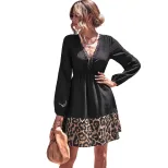 Leopard Print V Neck Color Block Dress Versatile Style for Casual Wear Available for Wholesale b
