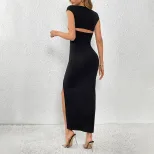 Summer Womens Bodycon Dress Solid Color Square Neck Sleeveless Side Slit Casual Party Wear Whole