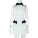 A Line Dress High Neck Color Block Design Waist Defining Casual Chic for Spring and Summer OEM A