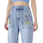 High Waisted Embroidered Wide Leg Jeans Loose Fit Denim Fabric Casual Style Ready to Ship factor