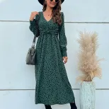 Long Sleeve Leopard Print Maxi Dress Green Color Trendy Design Autumn Fashion Wholesale Availabl