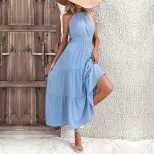 Womens Sleeveless Halter Dress Waist Defined Cake Skirt Design Casual Vacation Wear OEM Availabl