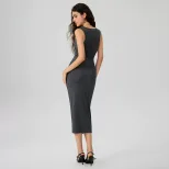 Elegant Sexy Knitted Ruched Bodycon Maxi Dress Ribbed Design Waist Cinching Slim Fit Perfect for