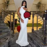 Elegant Solid Color Long Asymmetrical Bodycon Dress with Ruffles Backless Slim Fit Perfect for E