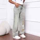 Womens Fashion Distressed Wide Leg Jeans Loose Fit Straight Cut Casual Style Perfect for Everyda