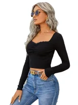 Womens Spring Summer Lace Square Neck Slim Fit Cropped Knit Long Sleeve Top Versatile Style for