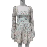 French Vintage Floral Puff Sleeve Dress Square Neck Autumn Collection Elegant Style Wholesale Av